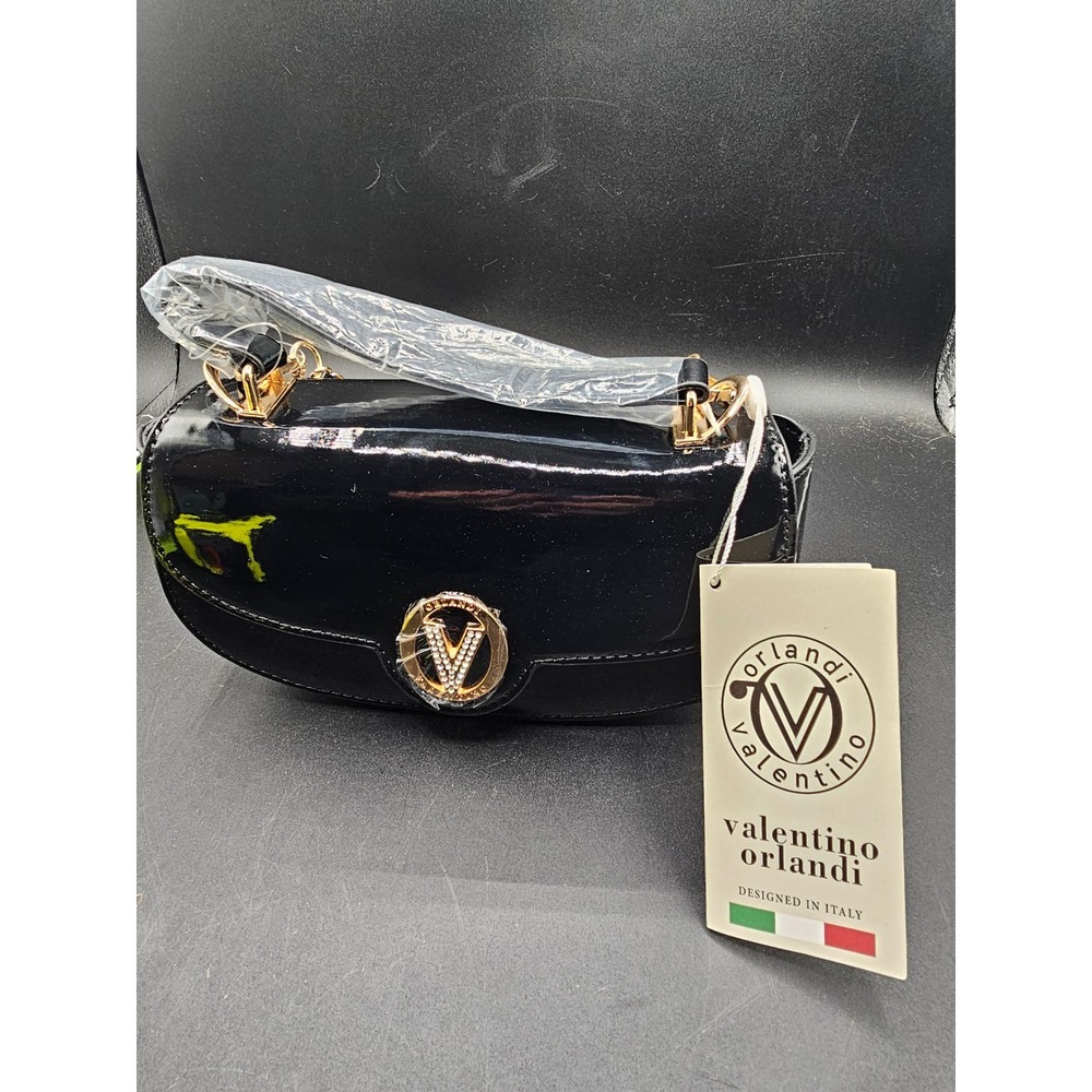 Valentino Orlandi Black Patent Leather V Logo Shoulder Bag V-3020D Italy